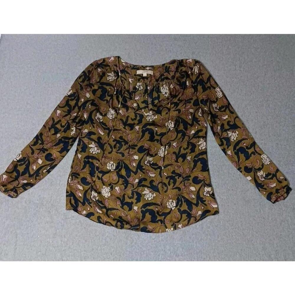 Loft Long Sleeve Sheer Blouse Womens Size M Olive Green Floral Mesh Lightweight